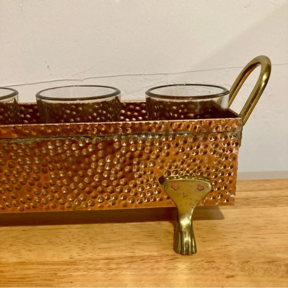 Hammered Metal Footed Container with 5 Glass Votive Holders Used Copper Colored - Picture 6 of 15